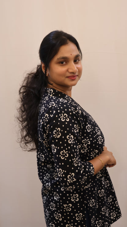 Black Sanganeri Hand Block Print Pure Cotton Short top | Traditional Floral Buti Block Printed - BHARATIYA ETHONICS Short Top