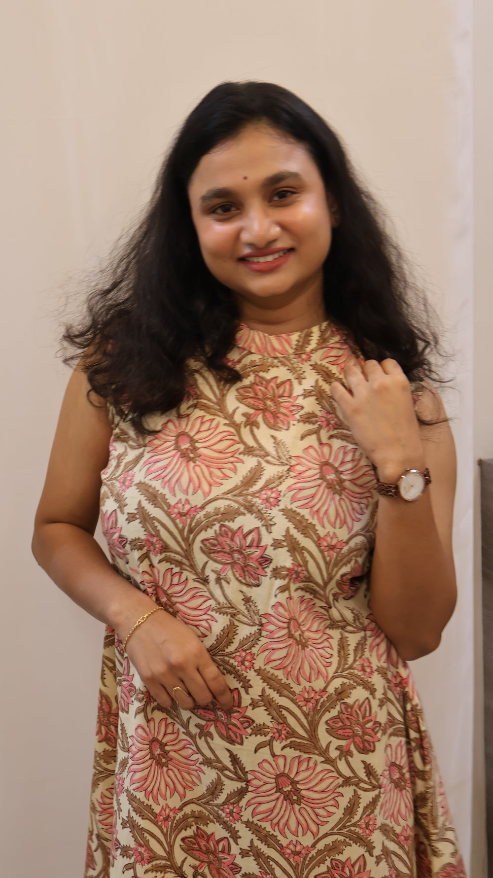 Sanganeri Floral Print Cotton A-Line Dress – Sleeveless