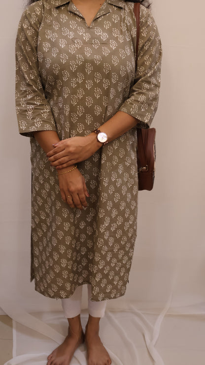 Ethnic Wear Olive Sanganeri Hand Block Print Cotton Kurta – Straight Fit Collared-BHARATIYA ETHONICS KURTA