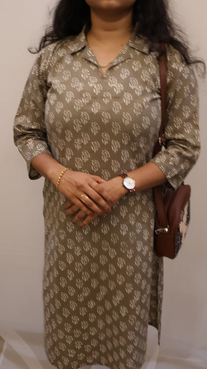 Ethnic Wear Olive Sanganeri Hand Block Print Cotton Kurta – Straight Fit Collared-BHARATIYA ETHONICS KURTA
