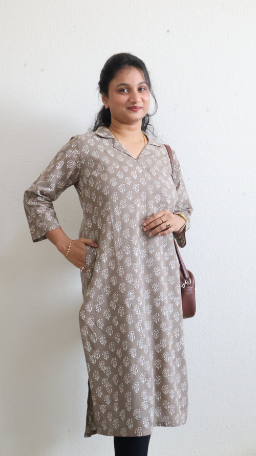 Ethnic Wear Olive Sanganeri Hand Block Print Cotton Kurta – Straight Fit Collared-BHARATIYA ETHONICS KURTA