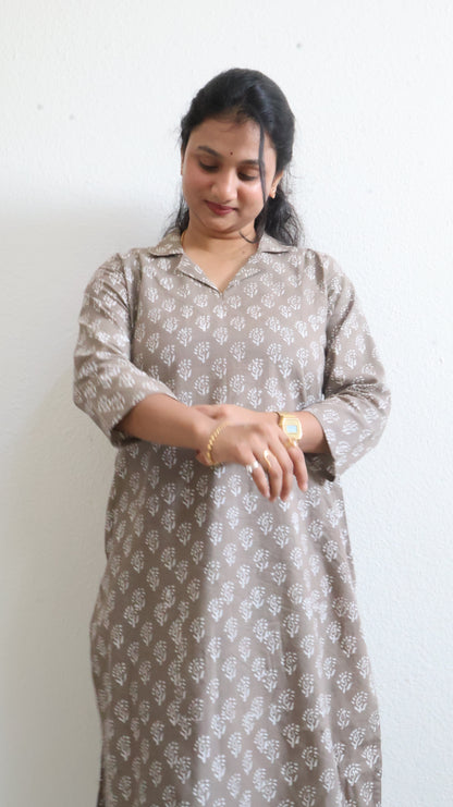 Ethnic Wear Olive Sanganeri Hand Block Print Cotton Kurta – Straight Fit Collared-BHARATIYA ETHONICS KURTA