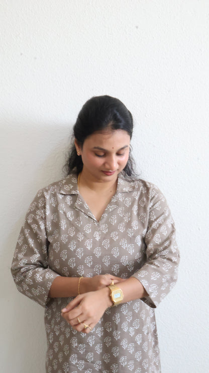 Ethnic Wear Olive Sanganeri Hand Block Print Cotton Kurta – Straight Fit Collared-BHARATIYA ETHONICS KURTA