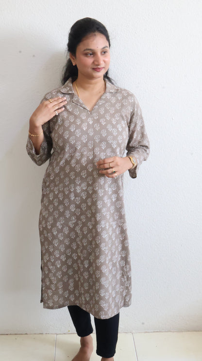 Ethnic Wear Olive Sanganeri Hand Block Print Cotton Kurta – Straight Fit Collared-BHARATIYA ETHONICS KURTA